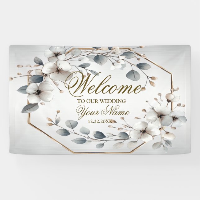 Banderoles Bienvenue Aquarelle Fleurs blanches Argent doré (Horizontal)