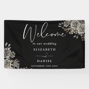 Banderoles Bienvenue au mariage gothique floral noir et blanc