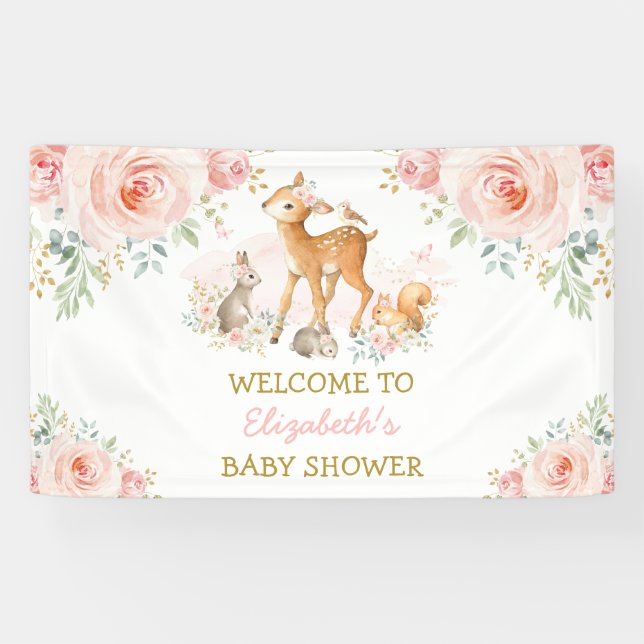 Banderoles Bienvenue Bébé Cerf Lapin Floral Rose Boisée (Horizontal)