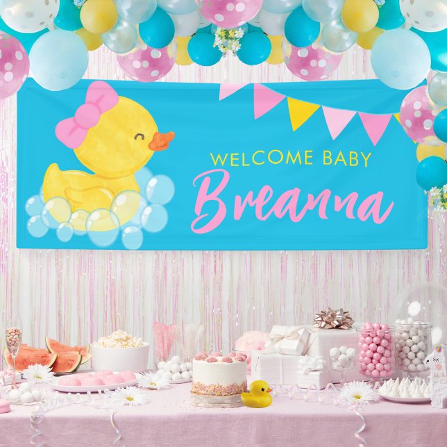 Banderoles Bienvenue Bébé Grande fille Baby shower en caoutch (Large Girl Rubber Duck Welcome Baby Hanging Vinyl Baby Shower Banner in Blue)