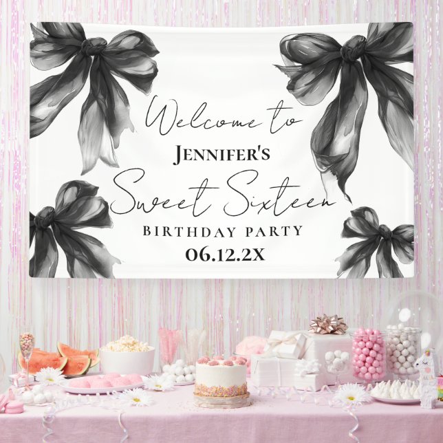 Banderoles Bienvenue Coquette Black Bow Script Sweet 16  (Fête)