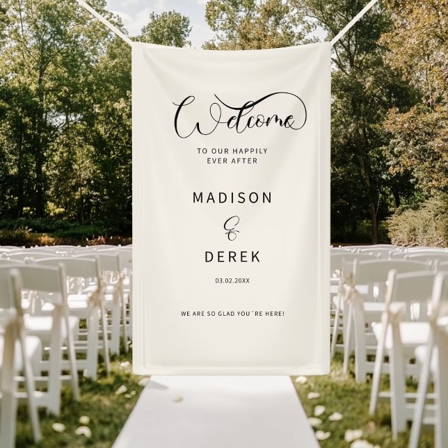 Banderoles Bienvenue dans notre bonheur éternel ! (Welcome to our happily ever after! Beige Banner. Personalized with your name and date. )