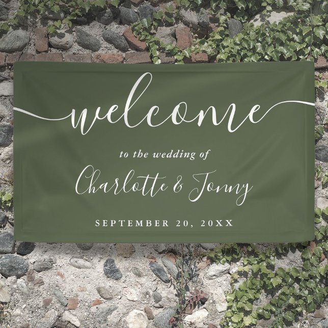 Banderoles Bienvenue de mariage en écriture vert olive (Olive Green Script Wedding Welcome Banner)