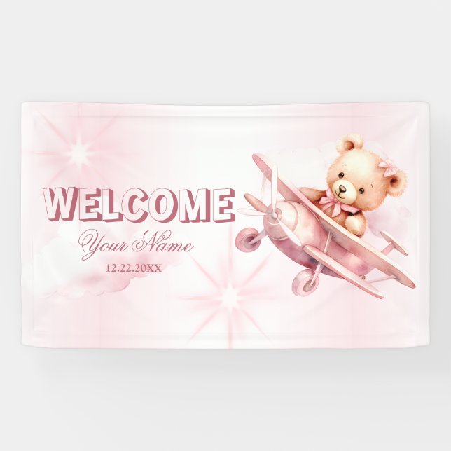 Banderoles Bienvenue fille mignonne bébé ours pilote avion ro (Horizontal)