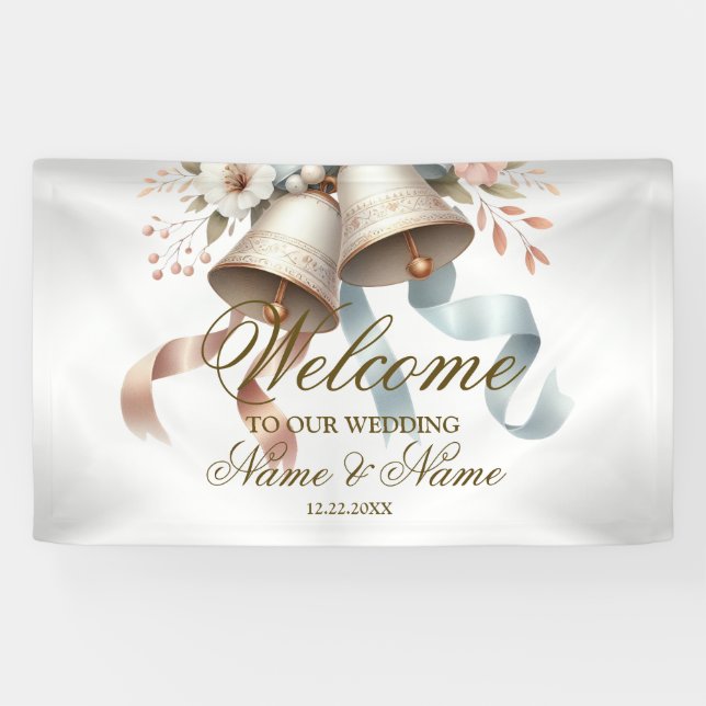 Banderoles Bienvenue Fleurs de mariage cloches Bons bleu rose (Horizontal)