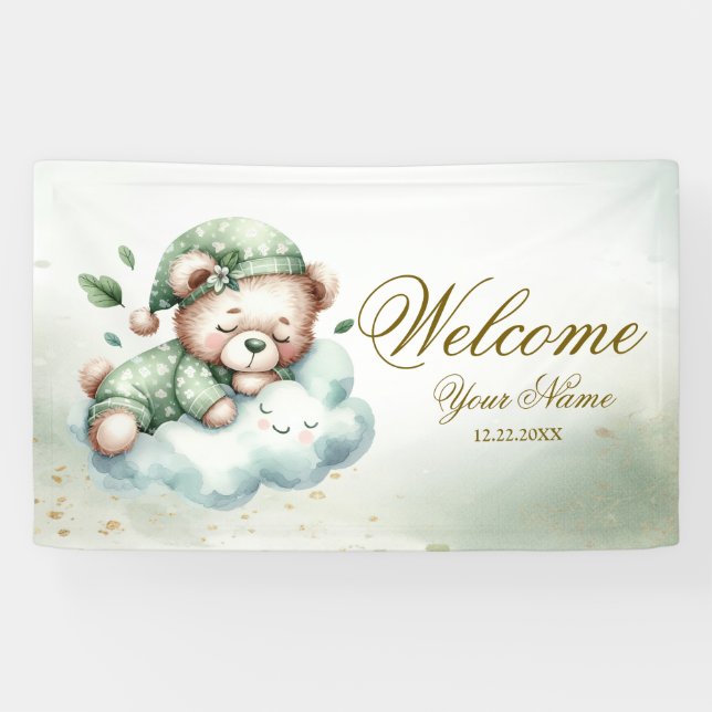 Banderoles Bienvenue Green Boho Sleeping Teddy Bear mignonne  (Horizontal)
