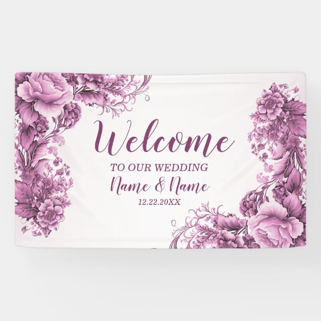 Banderoles Bienvenue Mariage Fleurs roses Élégant Moderne (Horizontal)