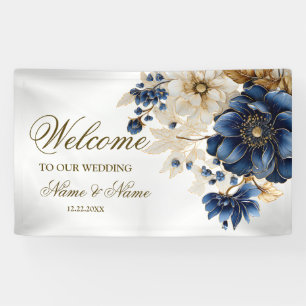 Banderoles Bienvenue Mariage Marine Bleu Blanc Or Floral