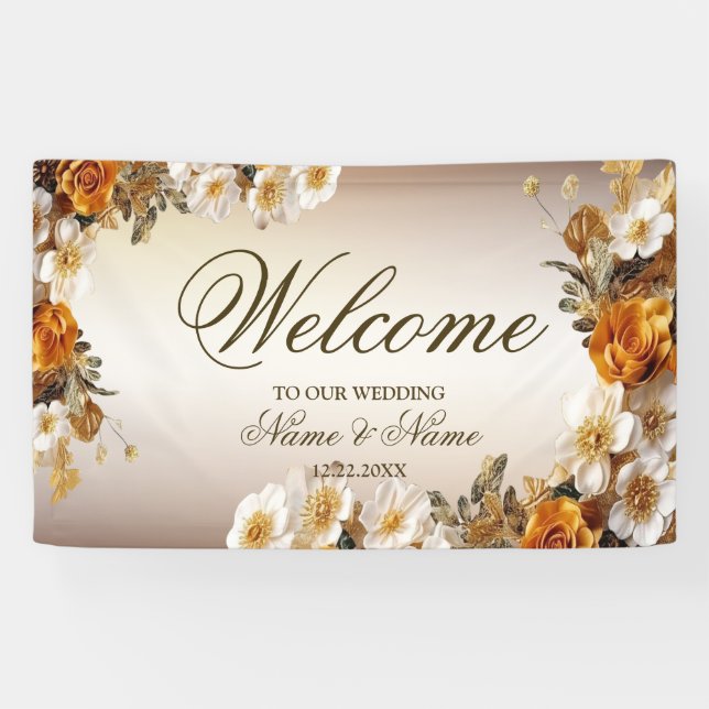 Banderoles Bienvenue Mariage Party Golden Orange White Flower (Horizontal)