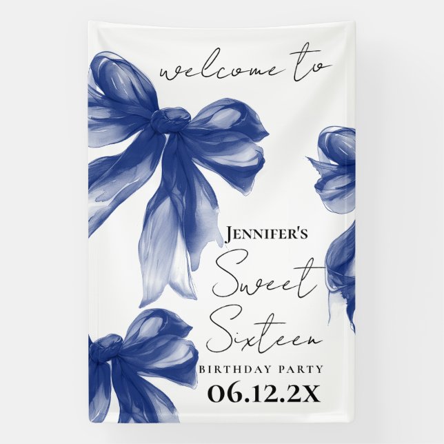 Banderoles Bienvenue Navy Bow Coquette Script Sweet 16  (Verticale)
