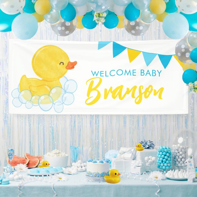 Banderoles Bienvenue Nom du bébé Grand Baby shower de canard  (Large Welcome Baby Name Watercolor Boy Rubber Duck Baby Shower Hanging Vinyl Banner)