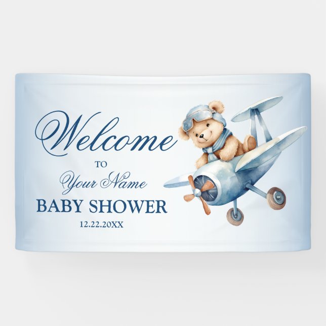 Banderoles Bienvenue Ourson Pilote d'Avion Bleu Mignon (Horizontal)