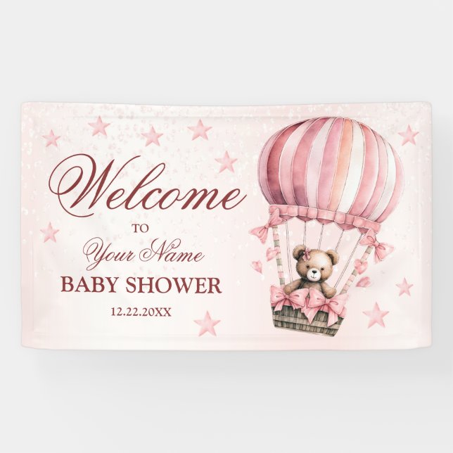 Banderoles Bienvenue Ourson Rose Mignon Montgolfière Fête (Horizontal)