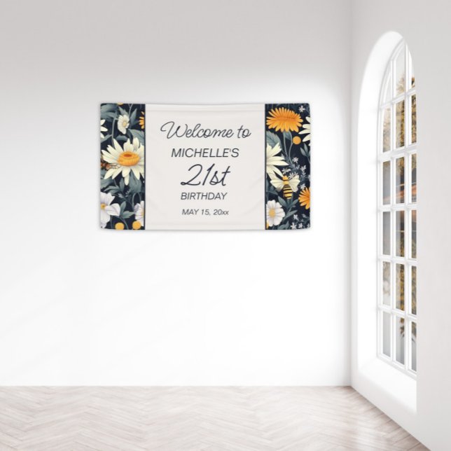Banderoles Bienvenue pour les 21 ans sur le thème des pissenl (Yellow dandelions and white daisies on navy blue 21st birthday welcome banner)