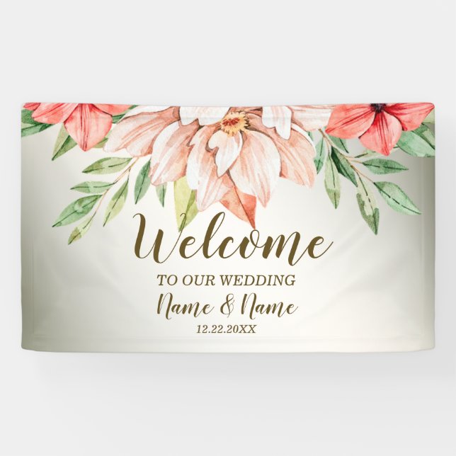 Banderoles Bienvenue Soirée Mariage Pêche Orange Floral Rusti (Horizontal)