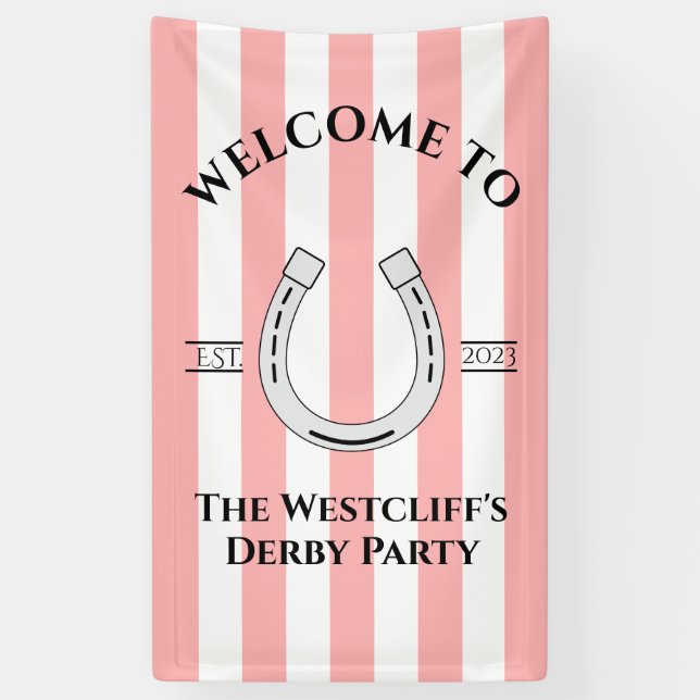 Banderoles Bienvenue sur Derby Party Rayure Rose Fer à Cheval (Vertical)