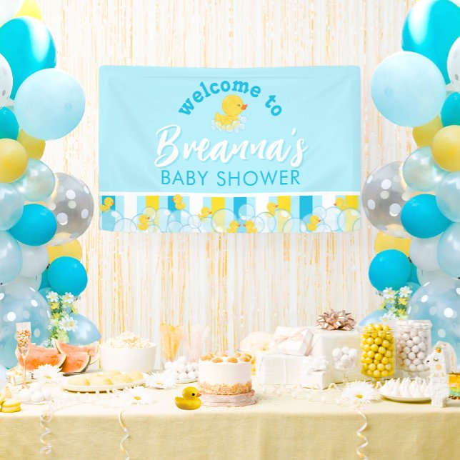 Banderoles Bienvenue suspendue à la Baby Shower pour garçon a (Boy Rubber Duck Baby Shower Vinyl Welcome Hanging Banner in Baby Blue on Yellow)