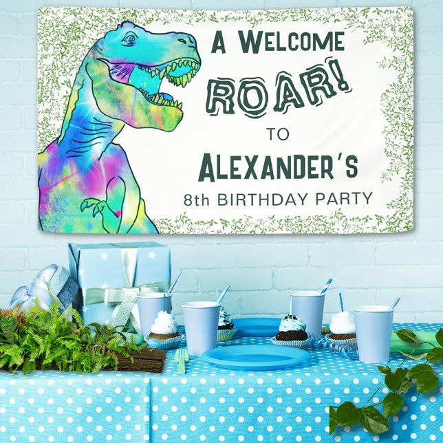 Banderoles Bienvenue T-Rex Roar Dinosaur 8e fête d'anniversai (Welcome T-Rex roar dinosaur 8th birthday party personalized banner colorful tyrannosaurus and jungle)