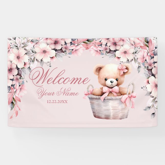Banderoles Bienvenue Teddy Bear Baby Girl Rose Flowers Party (Horizontal)