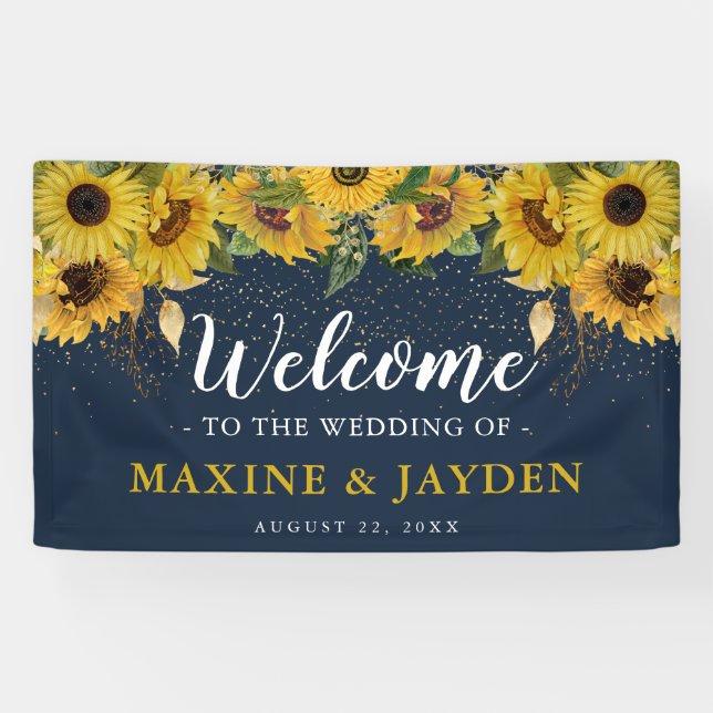 Banderoles Bienvenue Tournesol Rustique, Marine & Mariage Gol (Horizontal)