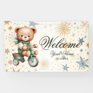 Banderoles Bienvenue Watercolor Teddy Bear Green Bike Party