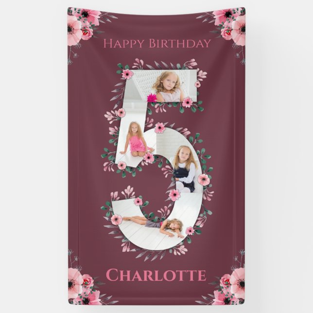 Banderoles Big 5th Birthday Girl Photo Collage Fleur rose (Vertical)