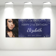 Banderoles Birthday custom photo blue silver glitter