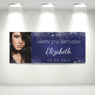 Banderoles Birthday custom photo blue silver glitter