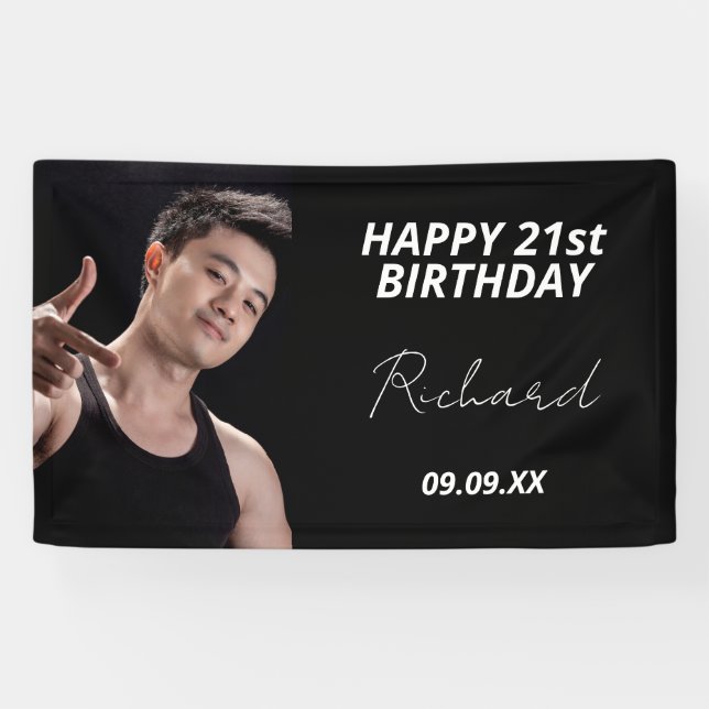 Banderoles Birthday party custom photo black white modern guy (Horizontal)