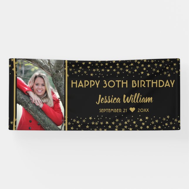 Banderoles Black And Gold Stars 30th Birthday Photo personnal (Horizontal)