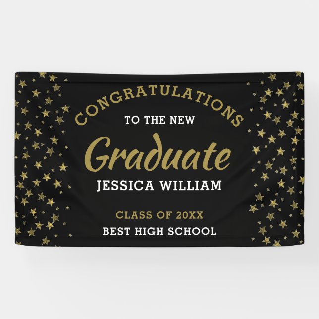Banderoles Black And Gold Stars Congrats Grad Grad Graduation (Horizontal)