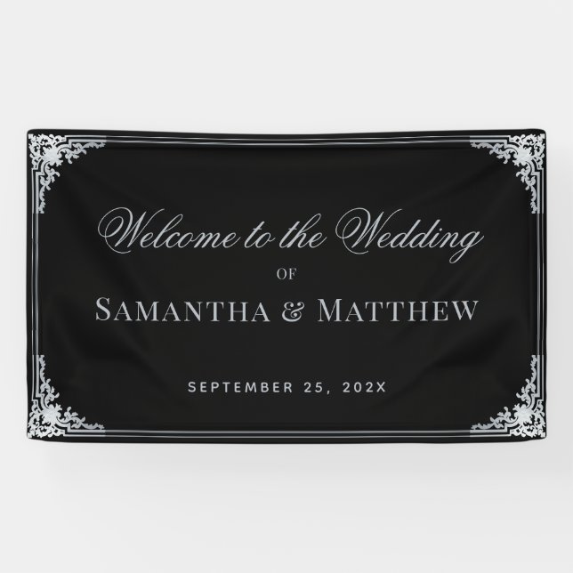 Banderoles Black Elegant Vintage Faux Mariage Argent Bienvenu (Horizontal)