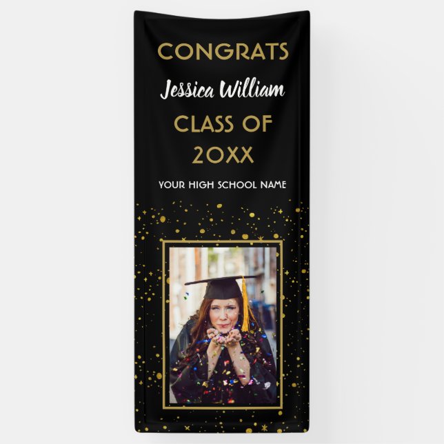 Banderoles Black Gold Confetti 2023 Photo Graduation Party (Vertical)