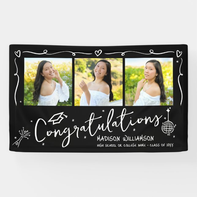 Banderoles Black Hand Drawn Style Doodles Graduation 3 Photo (Horizontal)