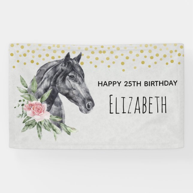 Banderoles Black Horse Head Portrait Aquarelle Anniversaire B (Horizontal)