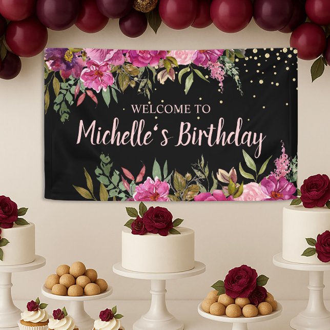 Banderoles Black rose violet Parties scintillant d'or Floral (Pink floral on black birthday party banner)