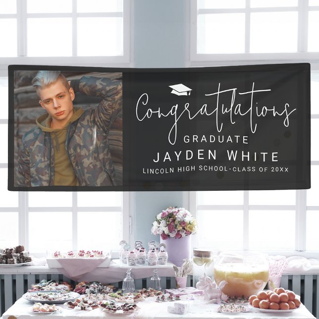 Banderoles Black Simple Modern Script Photo Graduation Party (Black Simple Modern Script Photo Graduation Party Banner)