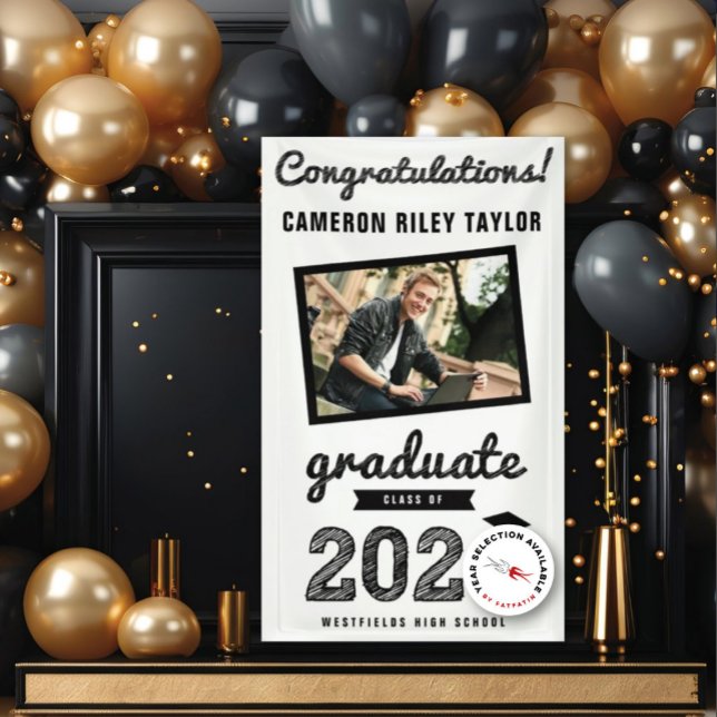 Banderoles Black Sketch 2025 Félicats Photo Graduation Party (20YY White & Black Sketch One Photo Modern Graduation Party Banner @ www.zazzle.com/color_therapy)