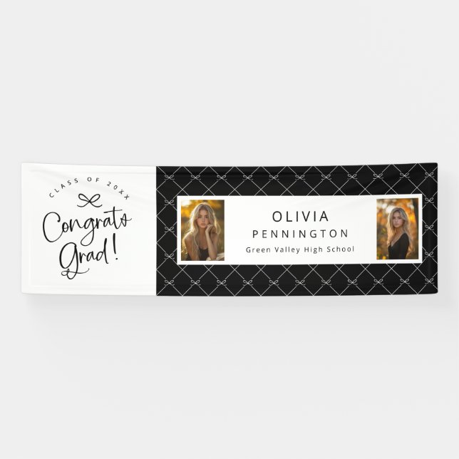 Banderoles Black White 2 Photo Félicats Grad Party Banner (Horizontal)