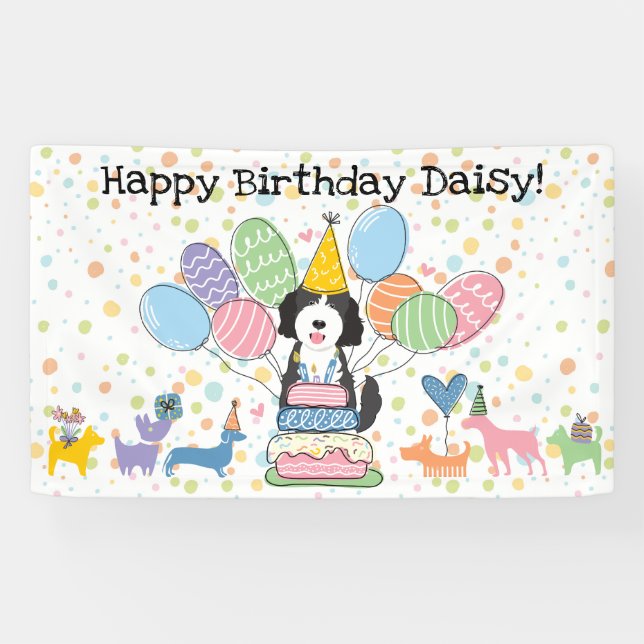 Banderoles Black White Goldendoodle Chien fête d'anniversaire (Horizontal)