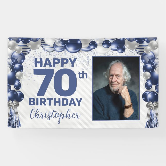 Banderoles Bleu bleu marine en argent photo 70e anniversaire (Horizontal)