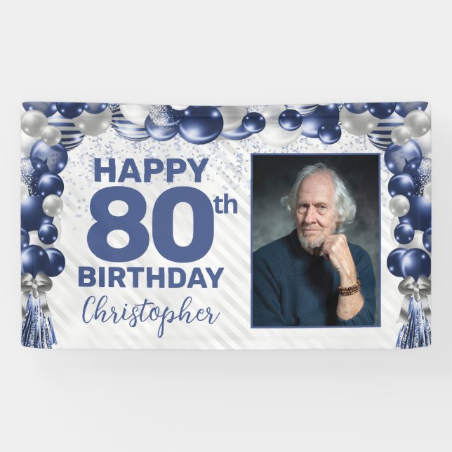 Banderoles Bleu bleu marine en argent photo 80e anniversaire (Horizontal)