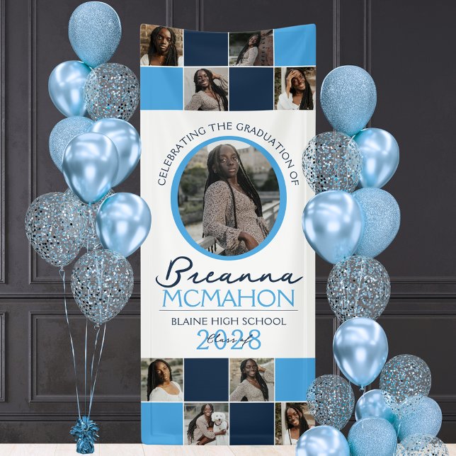 Banderoles Bleu clair et marine 9 Collage photo Graduation Vi (Navy Blue and Baby Blue 9 Photo Vinyl Graduation Hanging Banner. Indoor or Outdoor Use!)