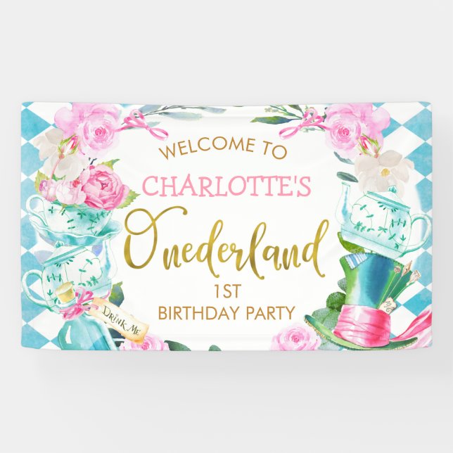 Banderoles Bleu Diamant Floral Alice Dans L'Onederland Annive (Horizontal)
