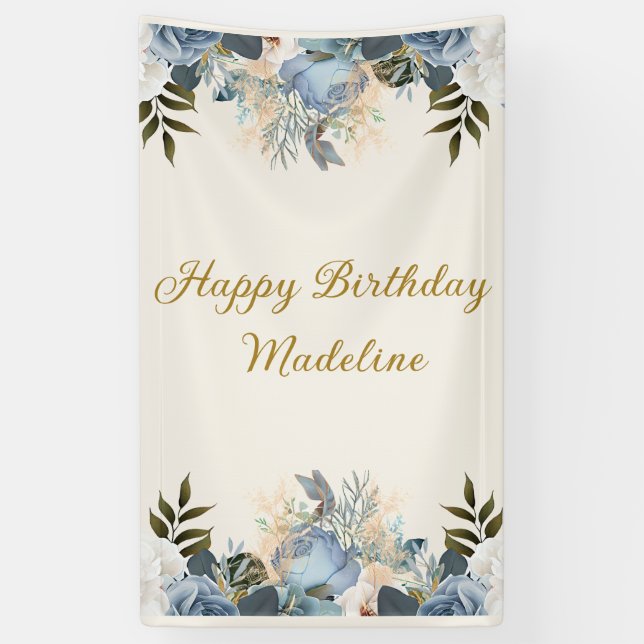 Banderoles Bleu Dusty Floral Blanc Joyeux Anniversaire Vertic (Vertical)