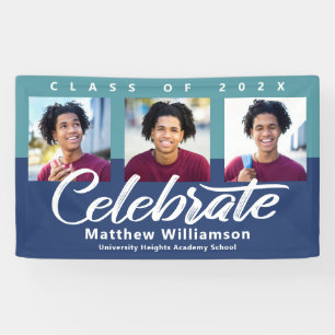 Banderoles Bleu Graduation 3 Photo Bold Script Moderne Minima