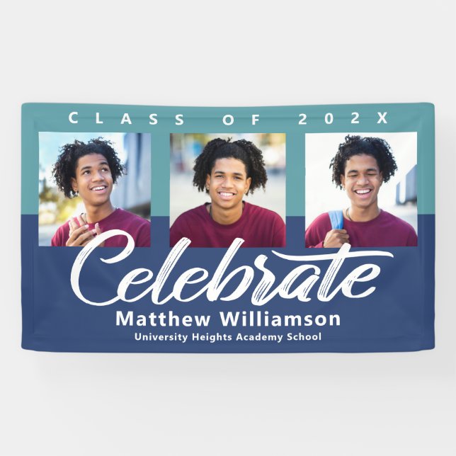 Banderoles Bleu Graduation 3 Photo Bold Script Moderne Minima (Horizontal)