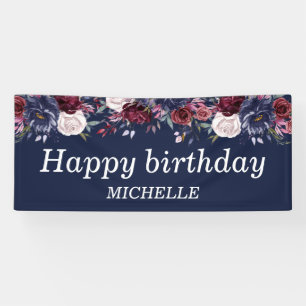 Banderoles Bleu marine burgundy floral Joyeux Anniversaire No