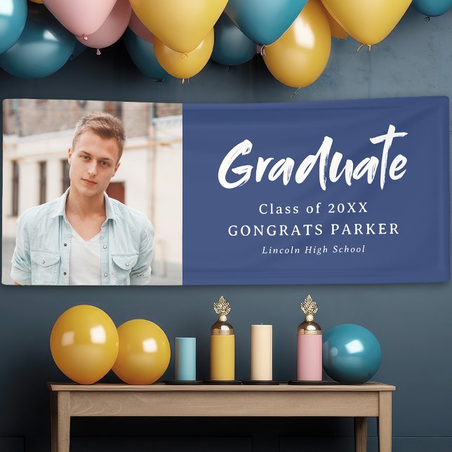 Banderoles Bleu moderne pinceau Script Photo Graduation Party (Blue Modern Brush Script Photo Graduation Party Banner)
