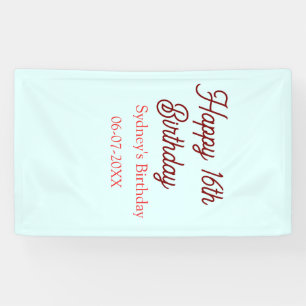 Banderoles Bleu pastel rouge joyeux 16e anniversaire nom date